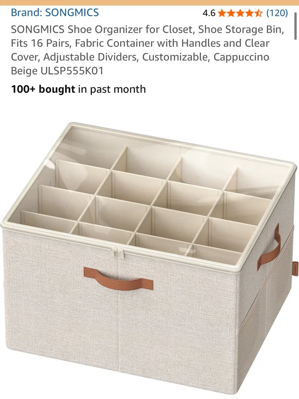 Cappuccino Beige Fabric Shoe Organizer with Clear Cover - 16 Compartments